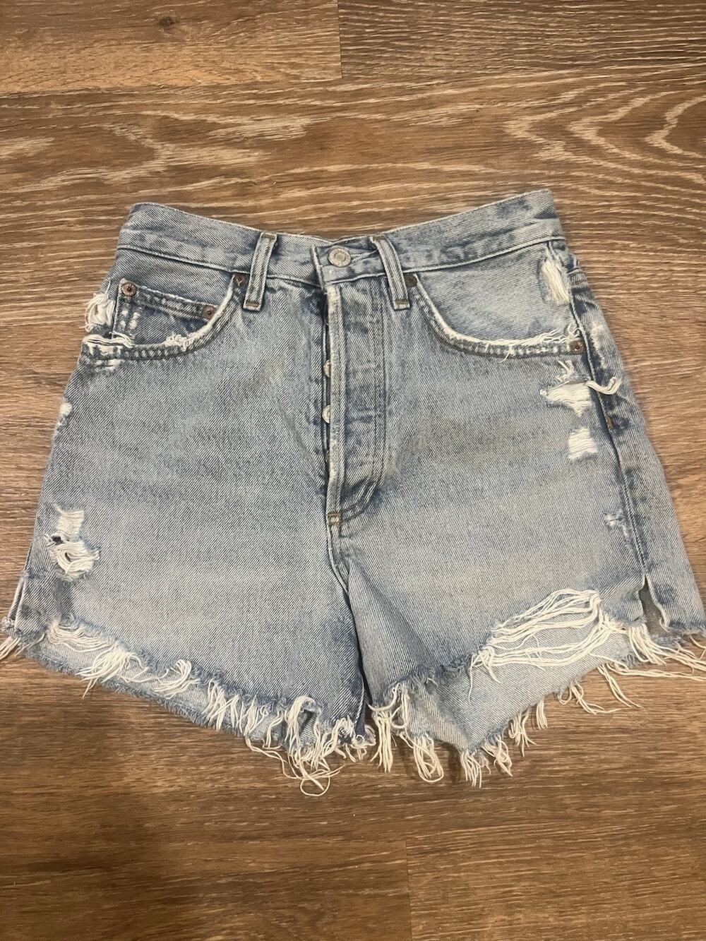 AGOLDE High Rise Distressed Denim Shorts Size 23 Button Fly Raw Hem